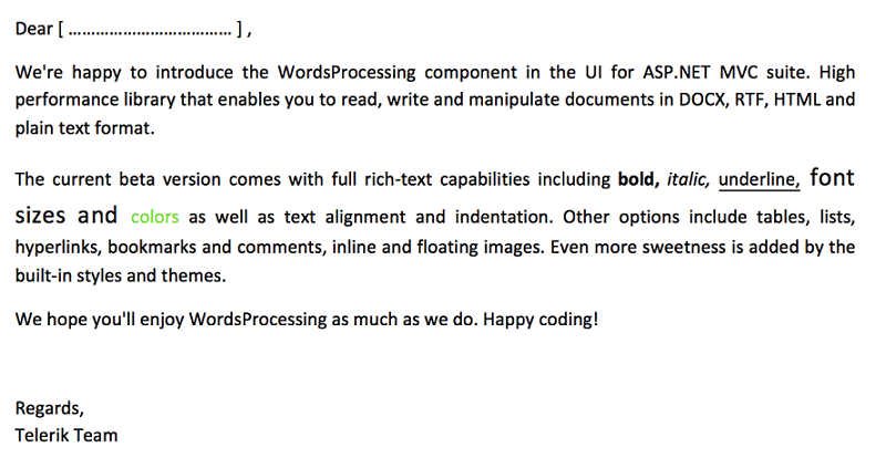 Telerik UI for ASP.NET MVC WordsProcessing mail template preview